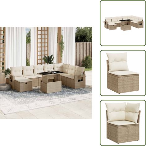 Salon de jardin avec coussins 9 pcs beige résine tressée - Ensemble Salon De Jardin - Mobilier De Jardin - Table Extensible - Chaise Pliante - Fauteuil Lounge