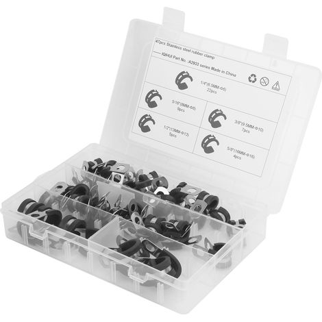 Lot de 47 pinces de câble en R, acier inoxydable 304 avec coussinet caoutchouc, kit assorti de fixation