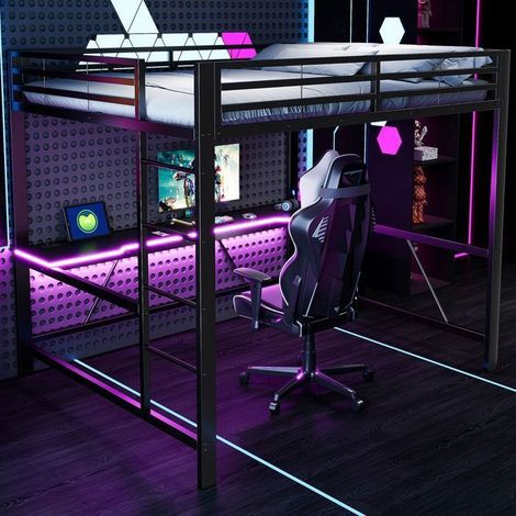 Lit Mezzanine 160x200 cm Bureau Gaming LED USB - lit double - Solide Structure Métal Noir, Idéal pour Étudier ou Jouer Très Sécurisé (1/5)