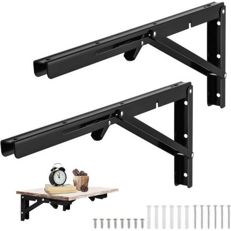 2PCS Équerres Pliantes pour Etagère 500 x170mm, Support Equerre Murale Pliable Charge Lourd en Acier Inoxydable - Noir (1/4)