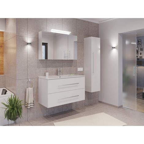 Badmöbel Set Firenze 100 3tlg. Spiegelschrank und Hochschrank weiß hochglanz