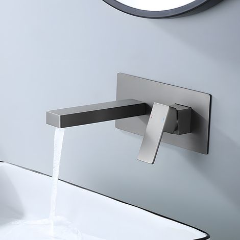 Lavabo entièrement en cuivre gris anthracite avec double poignée, robinet encastré pour eau chaude et froide, robinet de lavabo mural.