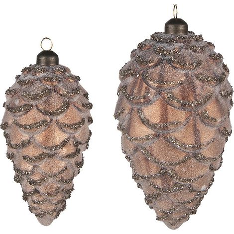 Lot de 2 Boules de Noël Pomme de Pin Décoration en Verre Marron Ø 9x18 cm et Ø 7x15 cm - PANGIVO (1/3)