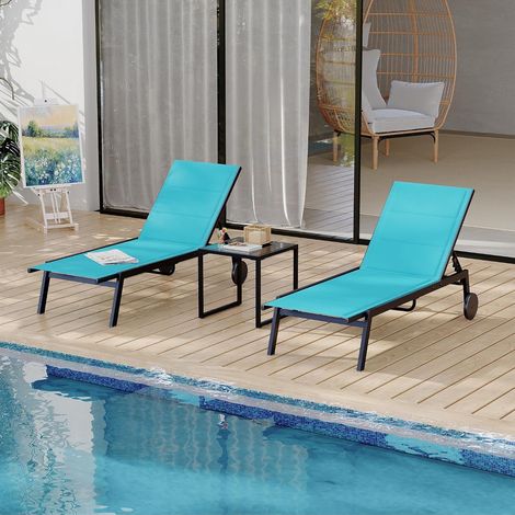 Ensemble 2 chaises longues + table jardin bleu, roulettes (1/5)