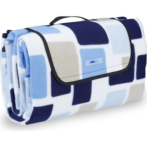 Relaxdays Picknickdecke XXL, 200 x 200 cm, wärmeisoliert, faltbare Stranddecke, wasserdicht, mit Tragegriff, blau-beige (1/5)