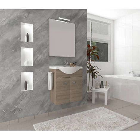Savinidue Mobiletto Bagno in Rovere Fumo 57x47,5x65cm con Specchio Led (1/3)