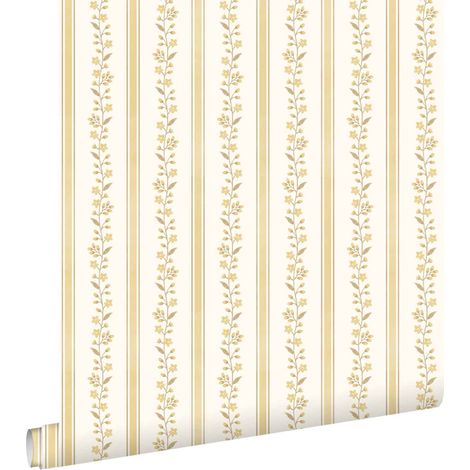 papier peint fleurs et rayures jaune - ESTAhome (1/5)
