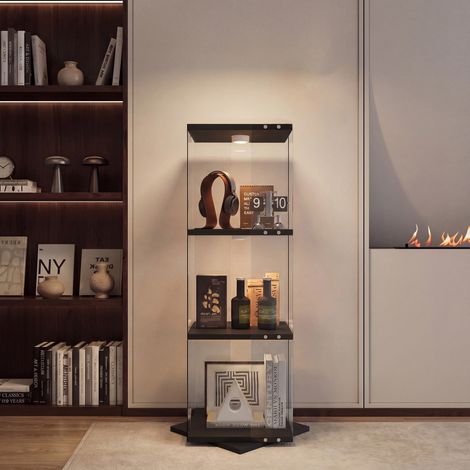 Vitrine d'Exposition Rotative à 360° en Verre 3 Niveaux avec Spot LED RGB Étagère de Rangement pour Figurines Livres 121cm - Noir (1/5)