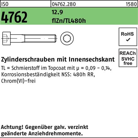 Vis à tête cylindrique ISO 4762 à 6 pans creux M6x16 12.9 flZnnc 480h-L 500p.