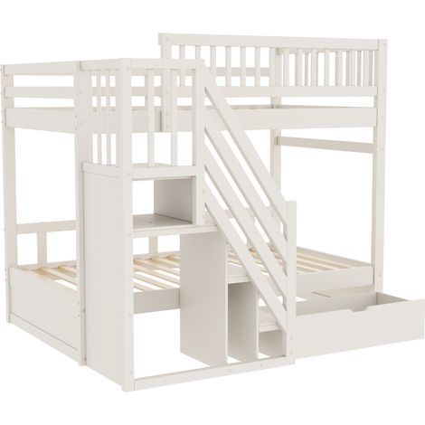Letto a castello 90 x 200 cm in legno bianco con scala contenitore e cassetti (1/5)