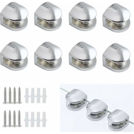 8 Pièces Pince à Verre, Fixation Réglable Verre en Alliage de Zinc, Support pour Tablette Etagere Tablettes 5-8 mm D'épaisseur, Argent (1/5)