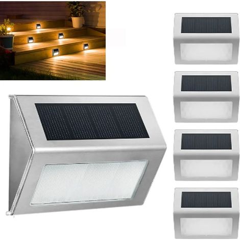 Lot de 4 lampes solaires murales à 3 LED, éclairage de clôture, d'escalier extérieur, de balcon ou de jardin en acier inoxydable (1/5)