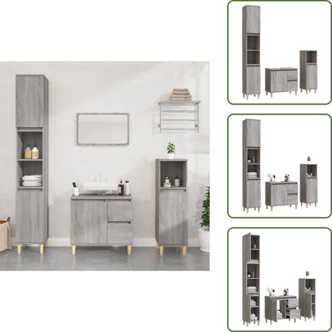 3-tlg. Badmöbel-Set Grau Sonoma Holzwerkstoff - Badmöbel-Set - Badezimmermöbel - Waschtischunterschrank - Standregal - Grau Sonoma (1/5)