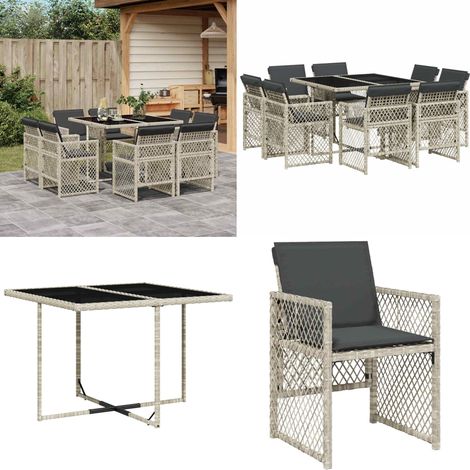 9-tlg. Garten-Essgruppe mit Kissen Hellgrau Poly Rattan - Gartentisch - Esstisch - Gartenmöbel Set - Outdoor Möbel - Terrassenmöbel - Home & Living
