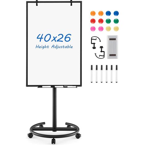 COSTWAY Lavagna Bianca Magnetica Mobile con Accessori, Lavagna Regolabile in Altezza e Angolo con Supporto Rotondo, 5 Ruote Bloccabili, 65 x 60 x 132-192 cm (1/5)