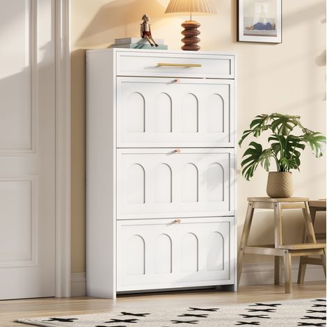 Zapatero 70x25x123,5 cm de MDF blanco con almacenamiento para entrada FloraGrace (1/5)