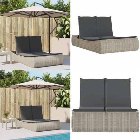 Doppel-Sonnenliege mit Kissen Hellgrau Poly Rattan - Doppelsonneliege - Gartenliege - Liege - Outdoor Liege - Relaxliege - Home & Living