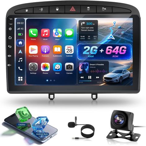 [2G+64G] Android Autoradio pour 308 408 2007-2015 avec sans Fil Carplay et Android Auto, Écran Tactile HD de 9 Pouces avec GPS, WiFi, Bluetooth, EQ, FM RDS (1/5)