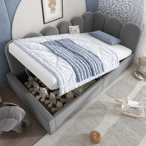 Lit banquette 90x200 cm capitonné en velours gris, canapé-lit enfant avec coffre de rangement hydraulique, sommier métallique, lit coffre sans matelas (1/5)