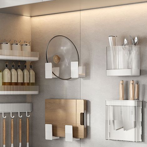 Porte-ustensiles de cuisine mural multifonctionnel en ABS, blanc, avec égouttoir pour baguettes, cuillères et fourchettes. Idéal pour le plan de travail. (1/5)