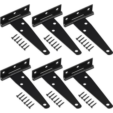 Lot de 6 Charnières en T avec Vis de Montage, Robuste Charnière de Portes pour Portes de Grange Portail en Bois et Fenêtre, Noir (1/5)