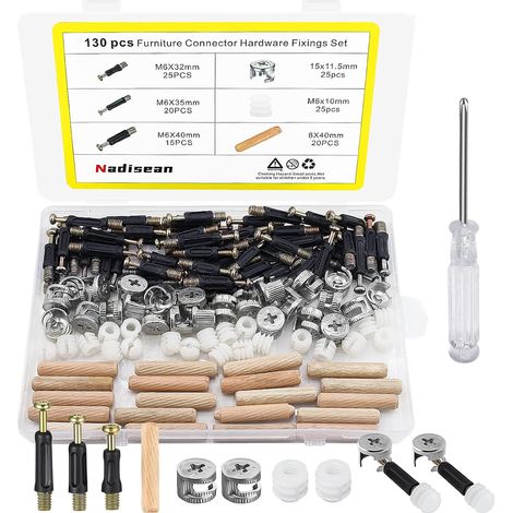 130 Pcs Connecteurs de Meubles Excentriques, Connecteurs D'armoire, Comprend D'insertion de M6x40/35/32 mm, Écrous en Plastique, Raccords de Came, Chevilles en Bois pour Placard Armoires (1/5)