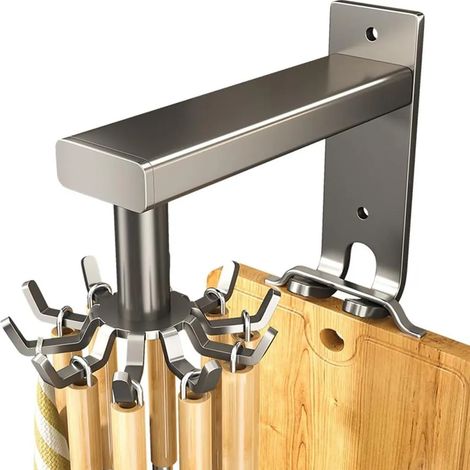 Estante de almacenamiento de cocina, perchero, gancho para utensilios de cocina, giratorio 360°, estante de pared para utensilios de cocina con 10 ganchos, ahorra espacio. (1/5)