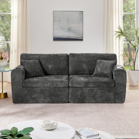 Divano relax 2 posti nero in chenille con USB, portabicchieri, tasca laterale e cuscini (1/5)