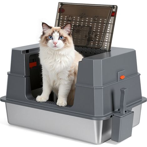 TolleTour Lettiera per gatti XXXL in acciaio inox con coperchio 70x50x43 cm bordo alto per gatti grandi