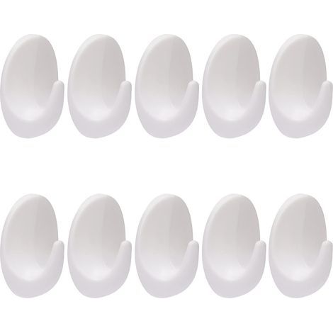 Lot de 10 crochets muraux blancs autocollants en plastique blanc sans perçage - Crochets muraux réutilisables à coller sur des crochets muraux amovibles en plastique pour salle de bain, chambre (1/5)