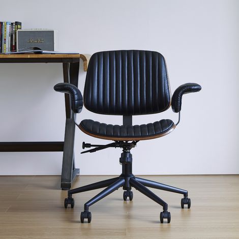 Chaise de bureau ergonomique en cuir avec roulettes et accoudoirs en chêne, fauteuil roulant réglable en hauteur avec fonction pivotante pour cadres. (1/4)