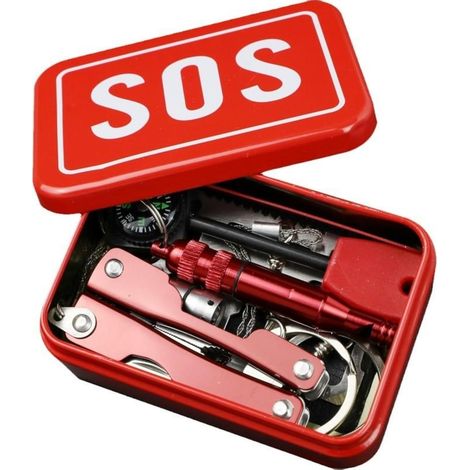 Notfall-Überlebensset – 8-in-1-Outdoor-Überlebensset mit Multifunktionswerkzeug und Schraubendreher in einer tragbaren roten Metallbox, ideal für Camping, Wandern, Überleben in der Wildnis und Notfall