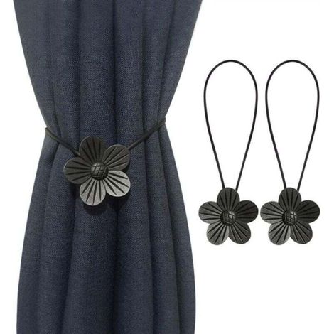 Set mit 2 magnetischen Gardinenschlaufen mit Blumenmuster, für Zuhause, Wohnzimmer, Schlafzimmer, Büro (schwarz)