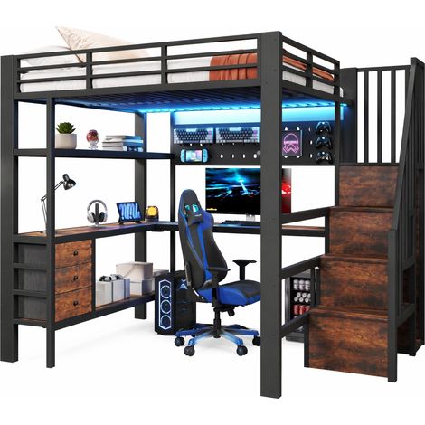 Letto a soppalco 140x200 cm con scrivania, scaffale, 3 cassetti, pannello forato, LED dimmerabile, presa integrata e struttura in metallo e MDF – CHICFURN (1/5)