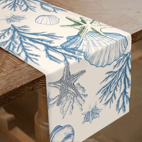 Camino de mesa grueso con temática marina: conchas marinas, caracolas, estrellas de mar, decoración de mesa marina. (1/5)