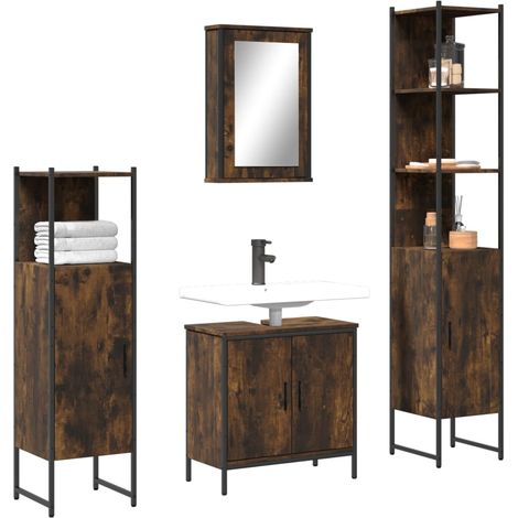 Ensemble de meubles de salle de bain 4 pcs Chêne fumé Bois (1/5)