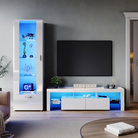 ELEGANT High Gloss 1600mm TV Stand Cabinet Sideboard Display Cabinet with RGB LED Lights Storage Unit White Living Room Set 5 (1/5)