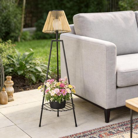 Lampadaire Solaire Extérieur 93cm, Support Plantes 2 en 1, Rotin IP44 Trépied Métal Blanc Chaud Crépuscule Auto Jardin Terrasse Balcon (1/5)