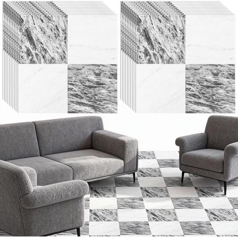 Lot de 20 revêtements de sol en PVC autocollants en vinyle 30 x 30 cm Échiquier (vue totale : 6 m x 6 m), sol en vinyle, gris, pour cuisine, sol en vinyle, imperméable, mat (1/5)