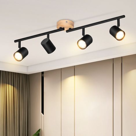 Lámpara de techo GBLY Foco de techo LED de 4 llamas - Negro GU10 Giratorio Foco de pared de madera Foco de pared Sin bombilla