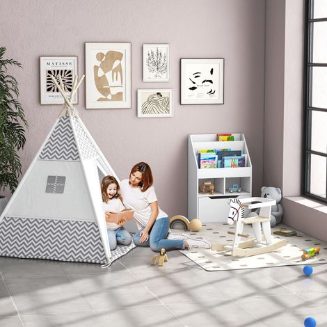 HOMCOM Tente Teepee Indien Tente de jeu pour Enfant Style Graphique - dim. 1.2L x 1.2I x 1.55H m - Porte refermable Fenêtre Tapis Coussin Sac Transport Inclus - à l'Intérieur à l'Extérieur Gris Blanc