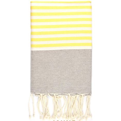 Fouta 100x200 gris rayures blanches, jaune - 100% coton - franges