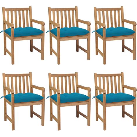 Sillas de jardín 6 uds madera maciza de teca cojines azul claro