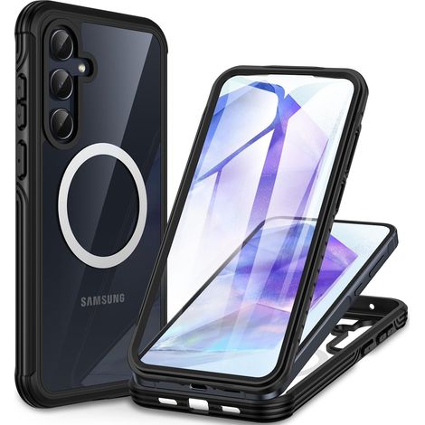 Coque Samsung A55 5G, Antichoc Housse avec Protection écran Verre Trempé, 360° Téléphone Magnétique Etui Double Face Case Robuste Transparent Intégrale Coque pour Samsung Galaxy A55 5G -Noir (1/5)
