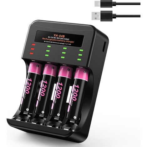 Lot de 4 Piles Rechargeables AAA de 1200 mAh et Chargeur USB-C à 4 emplacements avec Recharge Rapide pour Piles Rechargeables AA et AAA (Chargeur 4 emplacements + 4 Piles AA) (1/5)