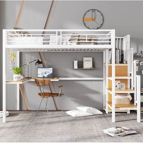 DESVIAE Lit mezzanine enfant et adolescent avec armoire et bureau escalier latéral avec main courante métal et MDF blanc et naturel 90 x 200 cm (1/5)