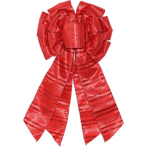 Arc en Toile de Jouy Rouge à Rayures Tartan, Noeud Décoratif Festif pour Sapin de Noël, Ruban Imprimé Lin et Polyester avec Bordure Rigide, Accessoire d'Intérieur -KZQ (1/2)