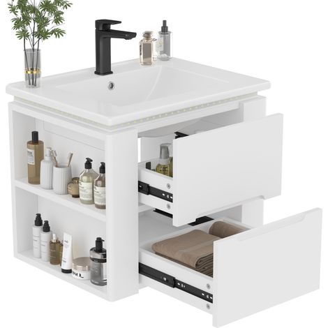 Meuble vasque suspendu blanc avec lavabo céramique, 2 tiroirs silencieux, LED radar et rangements latéraux en MDF pour salle de bain moderne CHICFURN (1/5)