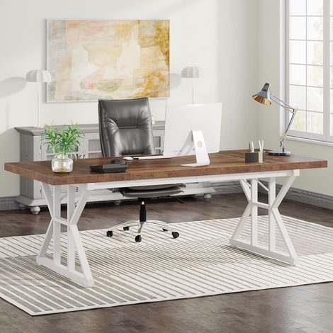 Tribesigns 63 Inch Executive Desk, Large Computer Office Desk Workstation, Modern Simple Style Laptop Desk Study Writing Table Business Furniture for Home Office (Brown/White, 63 Inch) (1/5)