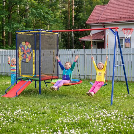 Ensemble balançoire extérieur multifonction pour enfants - Trampoline,balançoire,toboggan et panier de basket - stable pour jardin (1/5)